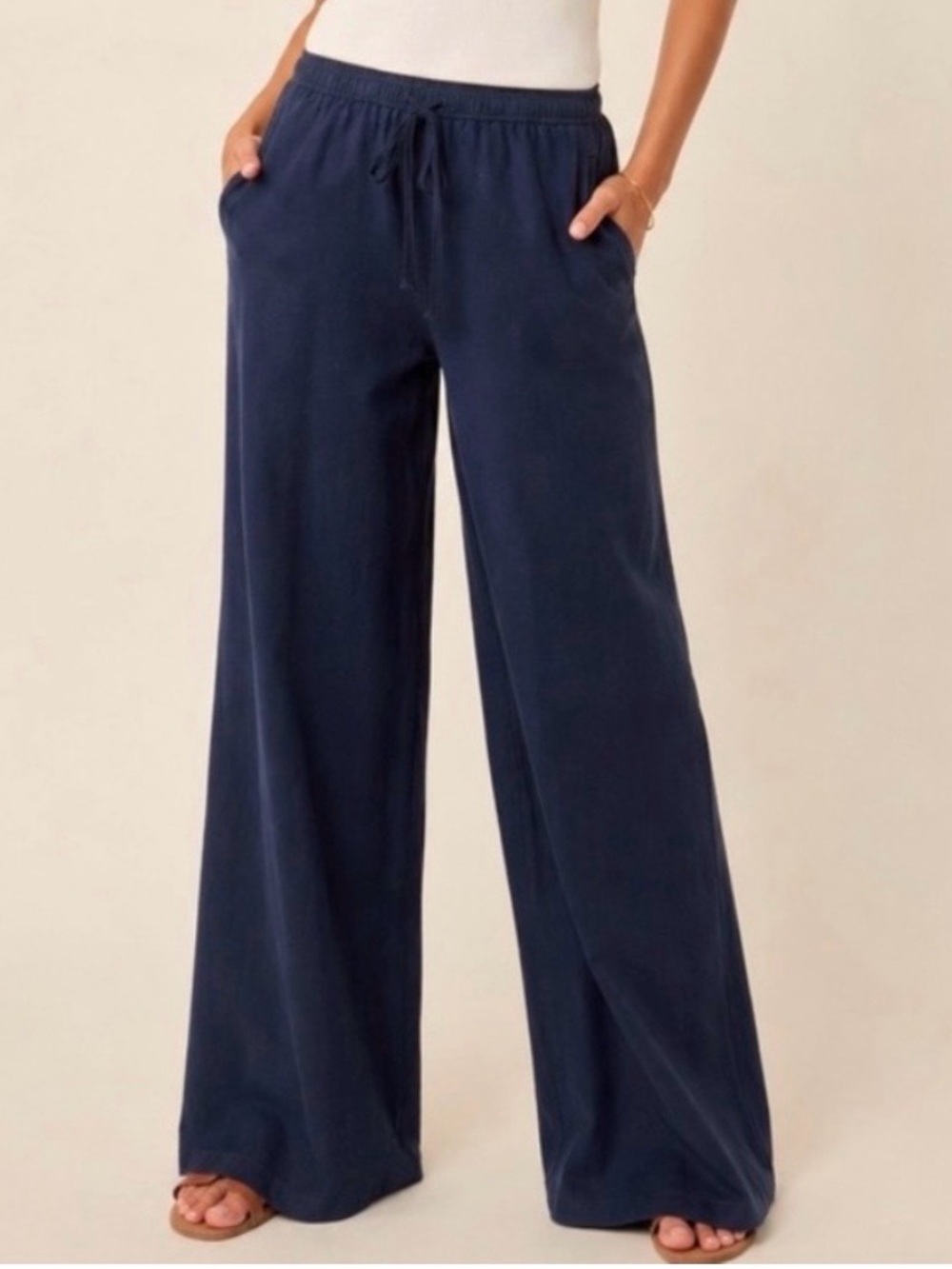 New Max Studio Navy Wide-Leg Linen Pull-On Pants